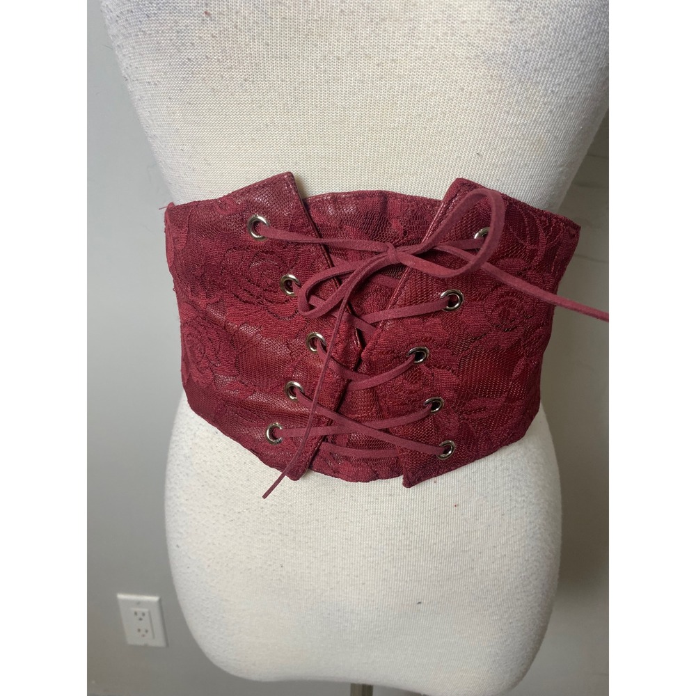 Burgundy Red Lace Corset Belt Y2K Wide Elastic Waist Cinch Snap Floral Rose S/M